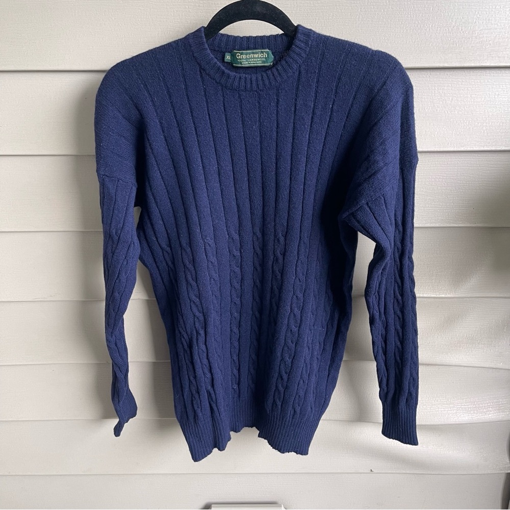 VINTAGE GREENWICH MEN'S  XL BLUE LAMBSWOOL PULLOVER  CREWNECK SWEATER CABLE KNIT